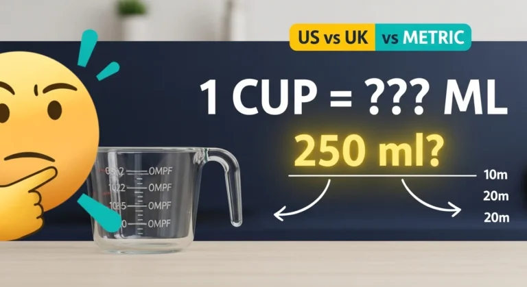 1 cup equals how many ml banner showing measuring cup with US UK and metric conversion comparison