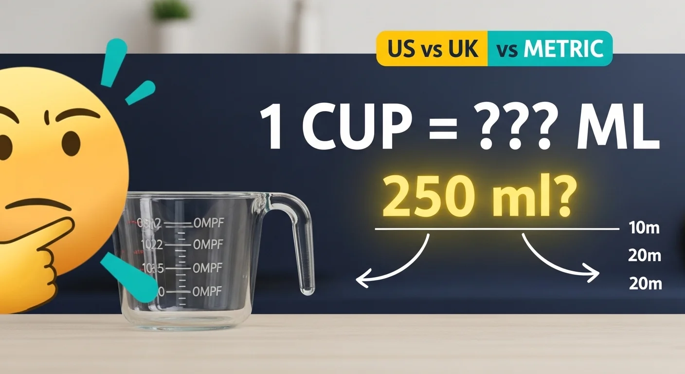 1 cup equals how many ml banner showing measuring cup with US UK and metric conversion comparison